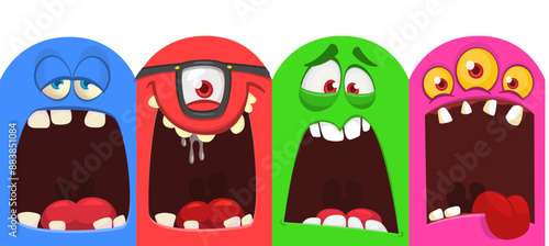 Cartoon monsters and aliens faces set with funny expressions and opened mouth blank space for text. Great for package design or party decoration. Vector isolated