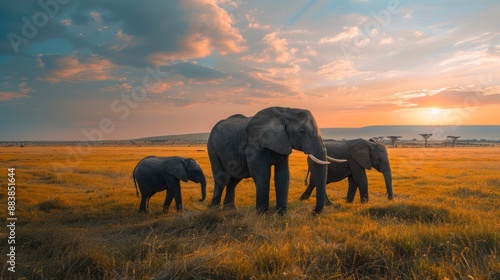 A family of elephants grazing peacefully in the African savannah