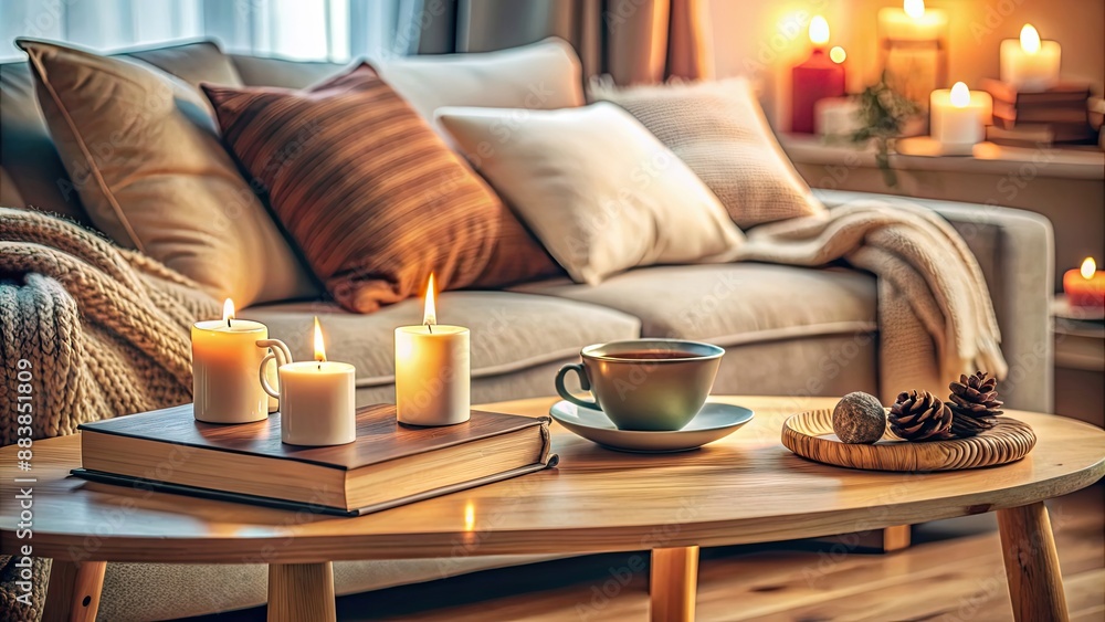 A cozy coffee table set up with books, candles, and a mug of coffee, cozy, coffee table, background, books A cozy coffee table set up with books, candles, and a mug of coffee, cozy, coffee table, background, books