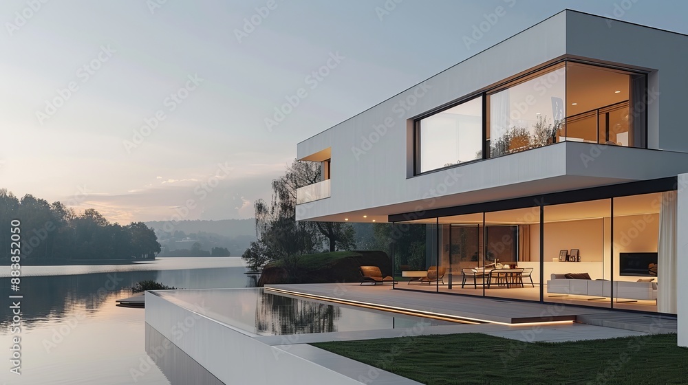 Fototapeta premium A minimalist modern home with large windows overlooking a serene lake