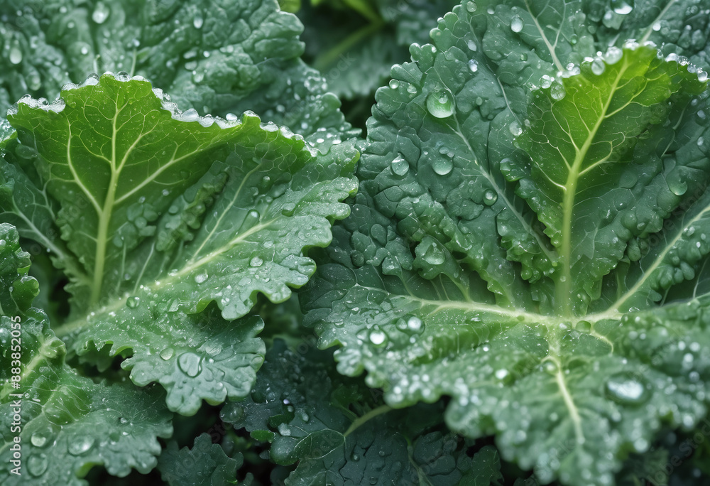 Fresh kale leaf with morning dew, vibrant green vegetable closeup Fresh kale leaf with morning dew, vibrant green vegetable closeup