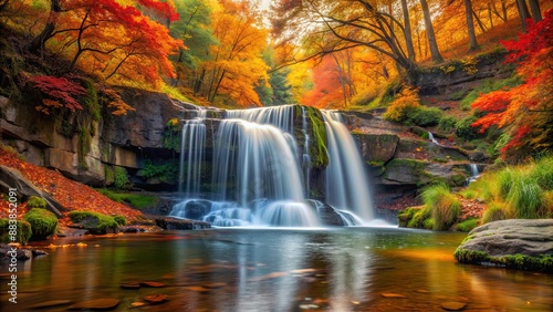 A peaceful waterfall surrounded by vibrant autumn foliage, waterfall, autumn, forest, nature, scenic, serene, tranquil