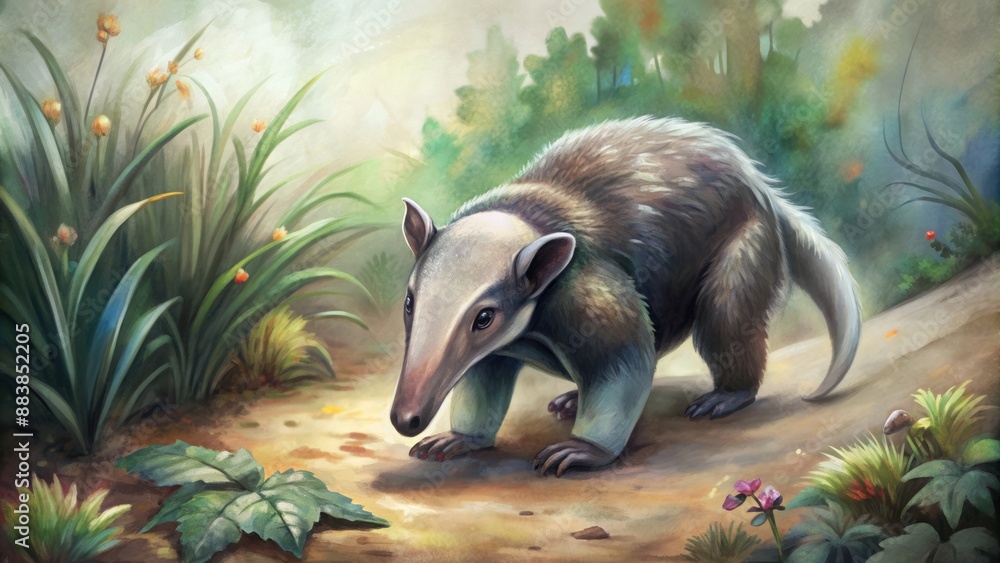 Obraz premium Curious anteater exploring the forest floor,digital, illustration, watercolor