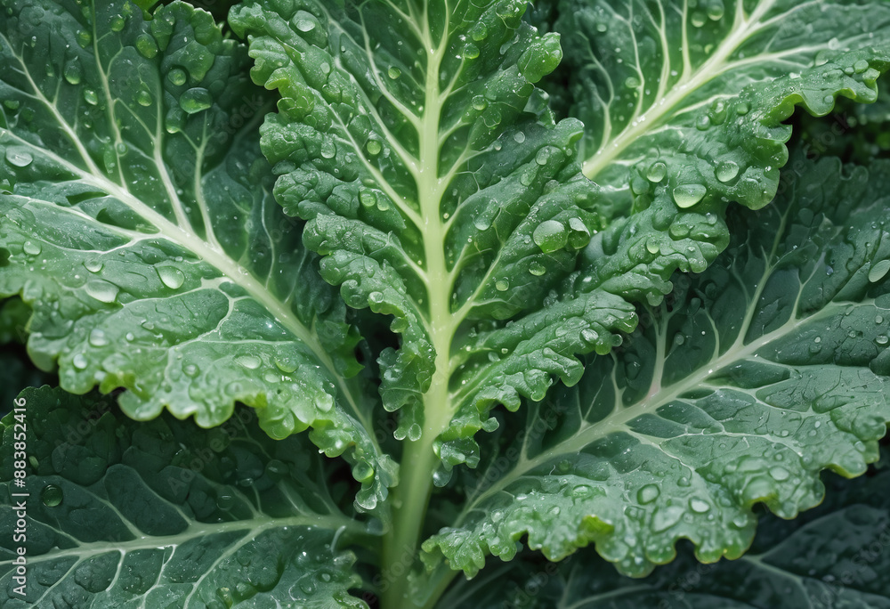 Fresh kale leaf with morning dew, vibrant green vegetable closeup Fresh kale leaf with morning dew, vibrant green vegetable closeup