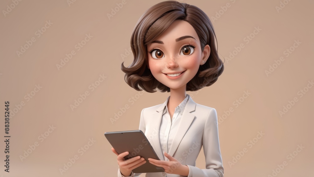 Smiling woman with brown hair in a white suit holding a tablet. Suitable for business, technology, and corporate concepts. Smiling woman with brown hair in a white suit holding a tablet. Suitable for business, technology, and corporate concepts.
