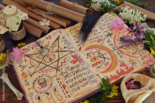 Mystic still life with magic book of spells, paper scrolls and witchy ritual objects on old table. Occult, esoteric, wicca and divination concept. No foreign language, all symbols are fictional