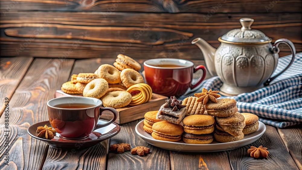 A cozy afternoon tea set up with assorted biscuits on a rustic table , tea, biscuits, snack, cozy, relaxing, warm, afternoon A cozy afternoon tea set up with assorted biscuits on a rustic table , tea, biscuits, snack, cozy, relaxing, warm, afternoon
