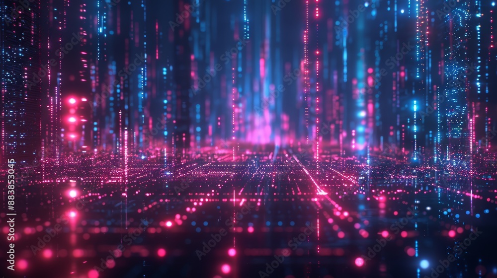 Data streams in a futuristic 3D world. Tech for moving data. Cyberpunk, lots of data, and safe online space. Cyber world, blockchain deals. Abstract tech backdrop. Data streams in a futuristic 3D world. Tech for moving data. Cyberpunk, lots of data, and safe online space. Cyber world, blockchain deals. Abstract tech backdrop.