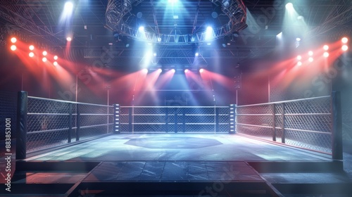 A dynamic ring arena designed for boxing fights and MMA championship competitions, featuring a stage surrounded by a chainlink fence and illuminated by powerful spotlights