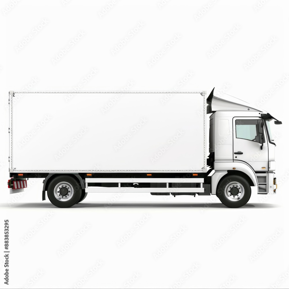 A clean and crisp side view of a delivery truck set against a white background, perfect for cargo truck advertising. The minimalist backdrop highlights the truck's design A clean and crisp side view of a delivery truck set against a white background, perfect for cargo truck advertising. The minimalist backdrop highlights the truck's design