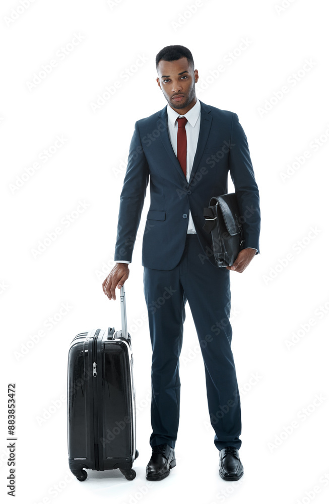 Portrait, business man and suitcase for travel with work trip, professional and flight in studio. Attorney, luggage and airport journey to foreign city, commute and immigration by white background Portrait, business man and suitcase for travel with work trip, professional and flight in studio. Attorney, luggage and airport journey to foreign city, commute and immigration by white background