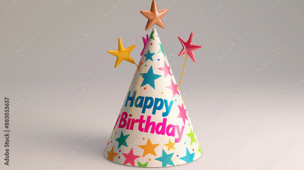 3D Party Ha A colorful cone-shaped party hat with stars and Happy Birthday text, rendered in showing intricate details and textures 3D Party Ha A colorful cone-shaped party hat with stars and Happy Birthday text, rendered in showing intricate details and textures