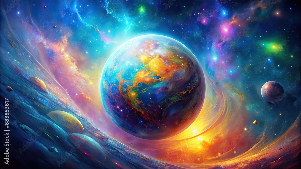 Obraz premium Abstract colorful painting of a mysterious planet surrounded by stars in modern art style, planet, abstract, colorful