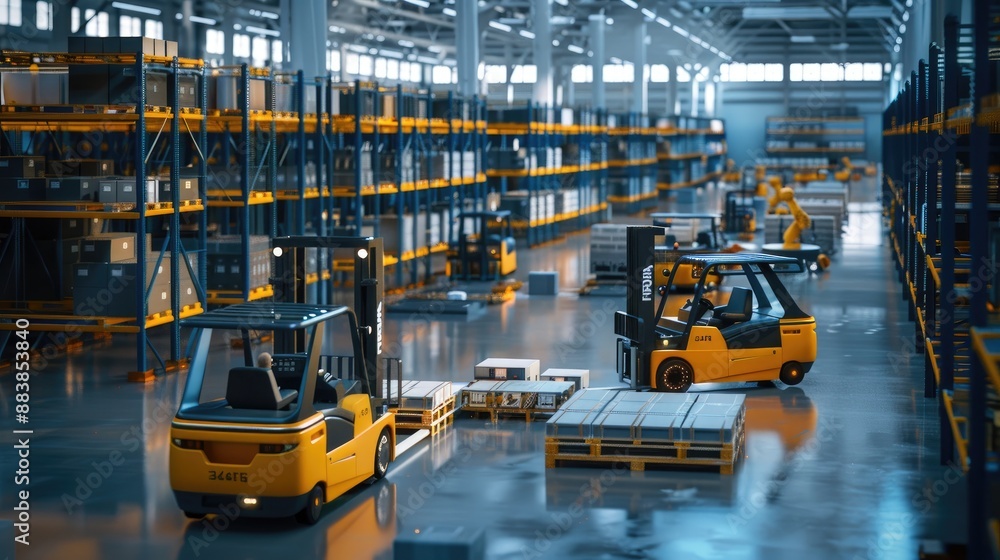 A logistics center with autonomous forklifts and sorting robots A logistics center with autonomous forklifts and sorting robots