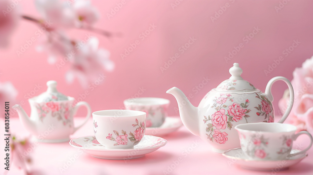 cup of tea, Porcelain Tea Set on Soft Pink Backgroun A delicate porcelain tea set with floral designs, placed on a soft pink pastel background. The set includes a teapot, teacups, and saucers with int cup of tea, Porcelain Tea Set on Soft Pink Backgroun A delicate porcelain tea set with floral designs, placed on a soft pink pastel background. The set includes a teapot, teacups, and saucers with int