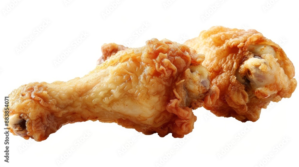 A solitary delectable fried chicken wing expertly crisped and isolated against a pristine white background. A solitary delectable fried chicken wing expertly crisped and isolated against a pristine white background.