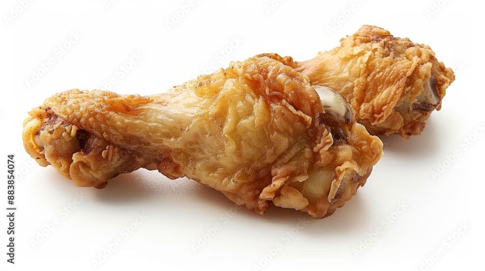 A tantalizingly crisp fried chicken wing stands alone against a pristine white background. A tantalizingly crisp fried chicken wing stands alone against a pristine white background.