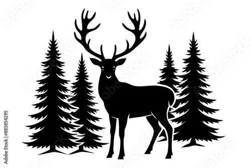 

Silhouette of a deer with pine trees and forest scenery on white background, Deer silhouette, vector illustration 
