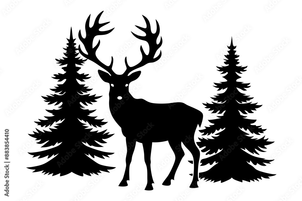 Silhouette of a deer with pine trees and forest scenery on white background, Deer silhouette, vector illustration
Silhouette of a deer with pine trees and forest scenery on white background, Deer silhouette, vector illustration