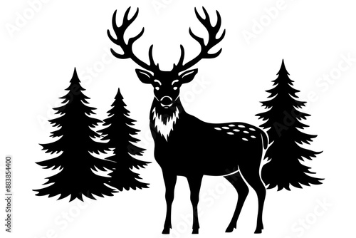 

Silhouette of a deer with pine trees and forest scenery on white background, Deer silhouette, vector illustration 
