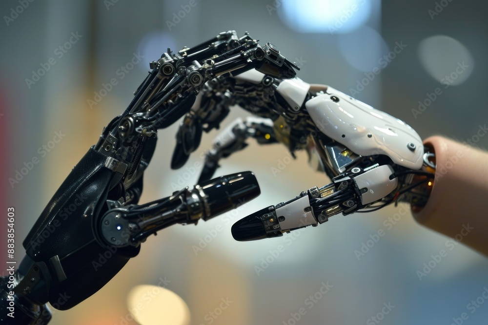 Interaction of human and robot hands, Two robotic hands reaching out to each other, symbolizing connection and unity, AI generated Interaction of human and robot hands, Two robotic hands reaching out to each other, symbolizing connection and unity, AI generated