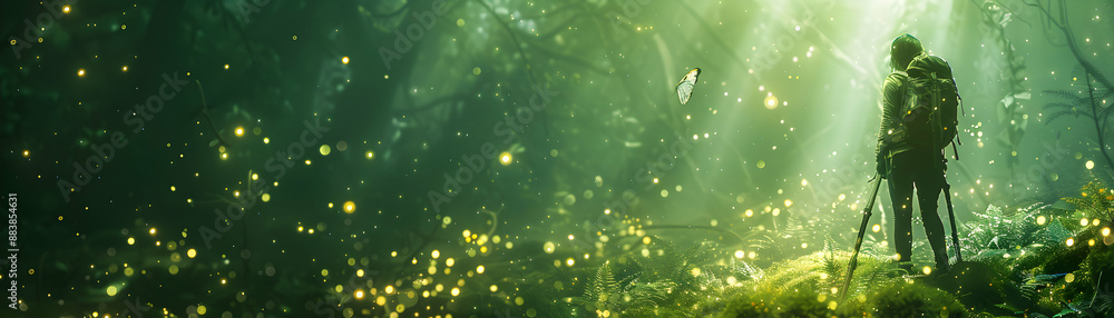 Fototapeta premium Enchanted Forest Adventure: Hiker with Walking Stick and Backpack in Magical Woods Concept for Fantasy Hiking Scene with Glowing Plants and Mystical Creatures Long Shot with Co