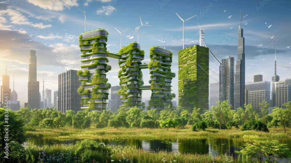 Fototapeta premium Green cities protect the environment by using renewable energy, preserving natural resources, and promoting sustainable living. This helps create healthy communities and a greener future.
