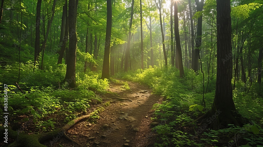Obraz premium A lush green forest with sunlight filtering through the canopy onto a hiking trail