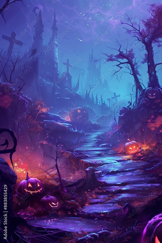 spooky jack-o-lantern in a magical glowing forest with a bright glowing moon in the background, halloween vibe, generative ai spooky jack-o-lantern in a magical glowing forest with a bright glowing moon in the background, halloween vibe, generative ai