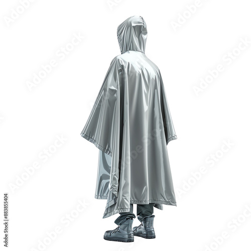 Person wearing a reflective, silver, futuristic hooded outfit. Perfect for technology, futuristic themes, and concept art.