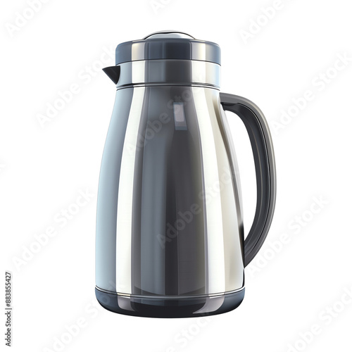 Stainless steel thermal coffee carafe with black handle. Ideal for keeping beverages hot or cold for extended periods. Modern and sleek design. photo