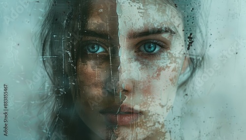 A haunting yet captivating portrait of a woman with piercing blue eyes, viewed through a rain-streaked window, evoking emotions and mystery.