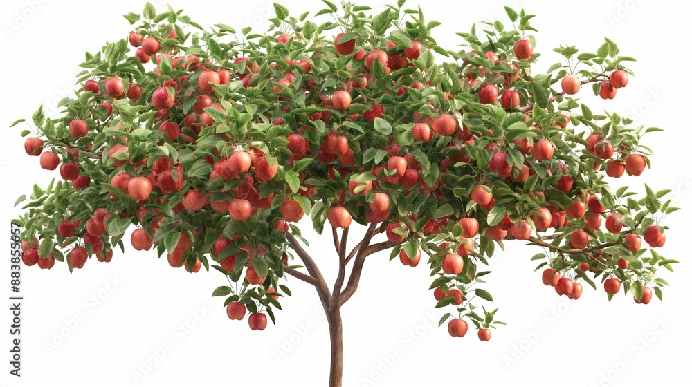 An apple tree with red apples hanging from its branches, isolated on a white background. Anime foliage, anime background An apple tree with red apples hanging from its branches, isolated on a white background. Anime foliage, anime background