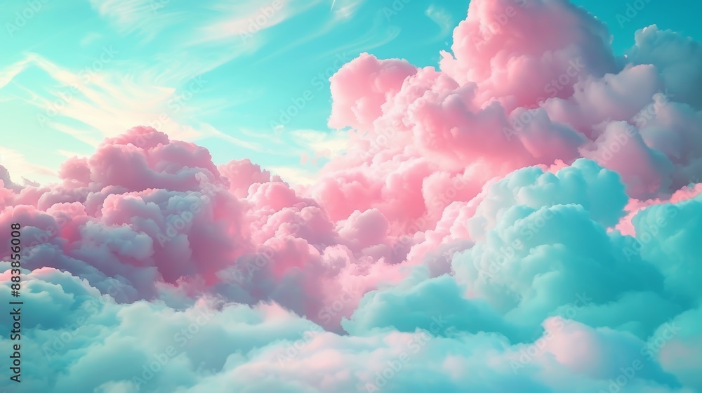Soft whimsical background featuring delicate fluffy baby pink pastel cotton candy clouds drifting lazily across a serene creamy blue sky. Soft whimsical background featuring delicate fluffy baby pink pastel cotton candy clouds drifting lazily across a serene creamy blue sky.