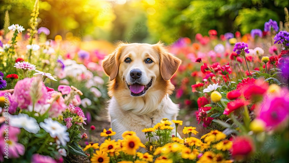 A cute dog surrounded by colorful flowers in a vibrant garden, adorable, pet, animal, nature, bloom, garden, outdoors, spring A cute dog surrounded by colorful flowers in a vibrant garden, adorable, pet, animal, nature, bloom, garden, outdoors, spring