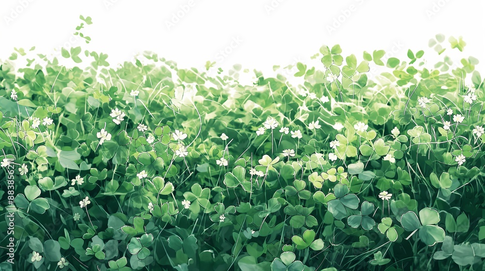 An clover field with green leaves and occasional white flowers, isolated on a white background. Anime foliage, anime background An clover field with green leaves and occasional white flowers, isolated on a white background. Anime foliage, anime background