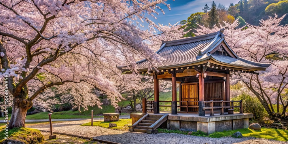 Obraz premium Secluded shrine surrounded by cherry blossoms, a peaceful sanctuary in nature, shrine, cherry blossoms, canopy, sanctuary