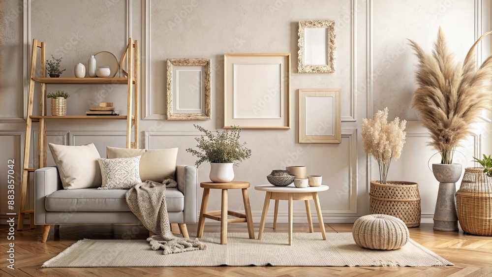Mockup of boho living room interior with beige pastel colors, old frames, baguette sto on floor, stool, flowers in pot Mockup of boho living room interior with beige pastel colors, old frames, baguette sto on floor, stool, flowers in pot
