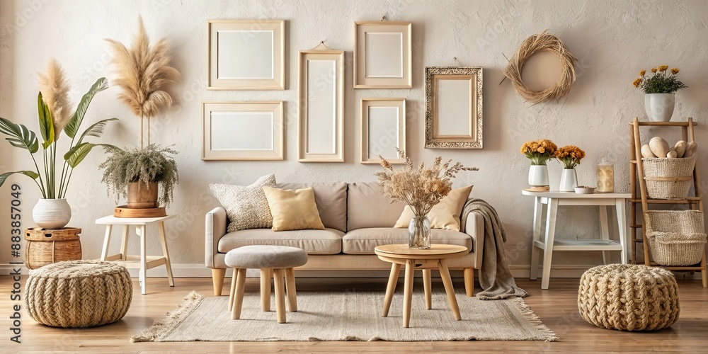 Fototapeta premium Mockup of a beige, pastel living room interior in boho style with old frames, baguette stool, stool, flowers, and decor