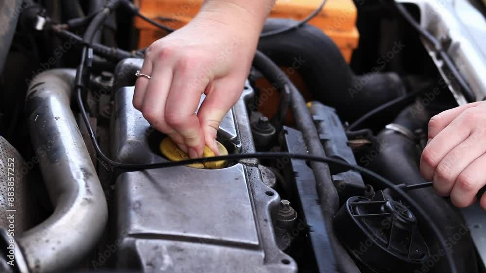 Change of oil. A woman's hand opens or closes the oil filler cap ...