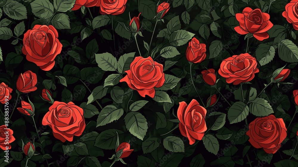 An rose bush, covered in bright red roses in various stages of bloom, isolated on a black background. Anime foliage, anime background An rose bush, covered in bright red roses in various stages of bloom, isolated on a black background. Anime foliage, anime background