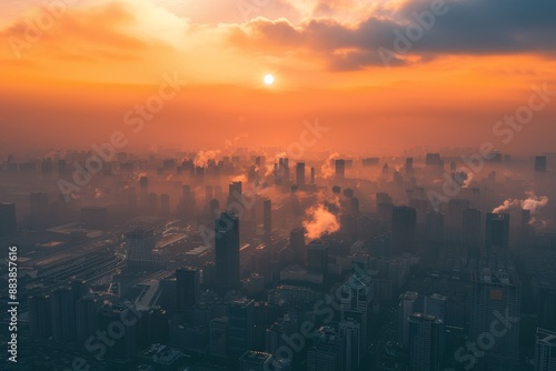 An aerial view of a city skyline at sunset, shrouded in smog and haze. The sun casts an orange glow over the buildings and smoke plumes rise from industrial areas