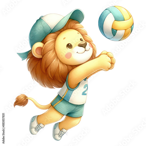 Cute anthropomorphic lion playing volleyball with a cheerful expression, wearing a sports outfit and cap, isolated on white background.