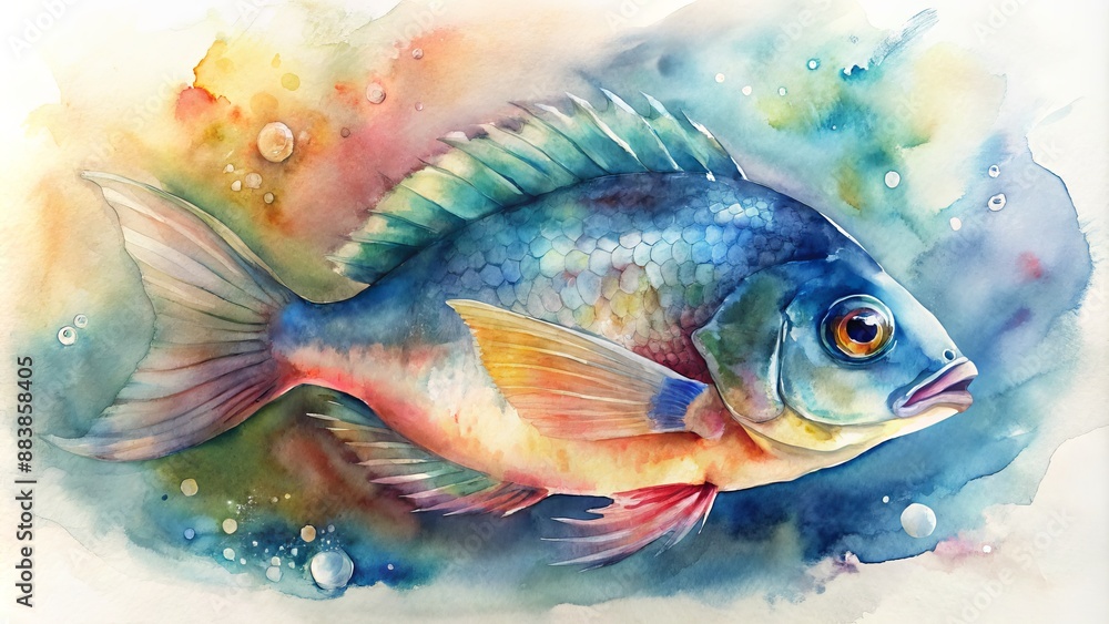 Fototapeta premium Abstract watercolor painting of a peacock cichlid.