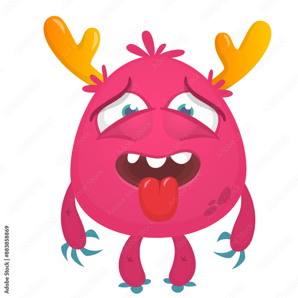 Funny cartoon monster character. Illustration of cute and happy alien creature for Halloween party decoration or package design. Vector isolated Funny cartoon monster character. Illustration of cute and happy alien creature for Halloween party decoration or package design. Vector isolated
