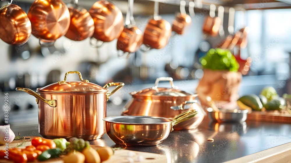 Copper cookware hanging above a gleaming chef's workstation, showcasing culinary pride and expertise Copper cookware hanging above a gleaming chef's workstation, showcasing culinary pride and expertise