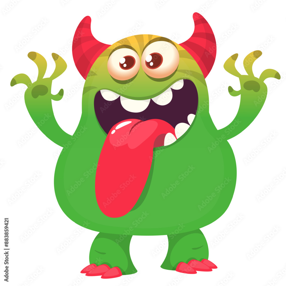 Fototapeta premium Funny cartoon monster character. Illustration of cute and happy alien creature for Halloween party decoration or package design. Vector isolated