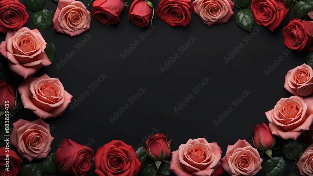8K Ultra HD detailed. realistic rose flower border illustration horizontal, black solid background empty space text 8K Ultra HD detailed. realistic rose flower border illustration horizontal, black solid background empty space text