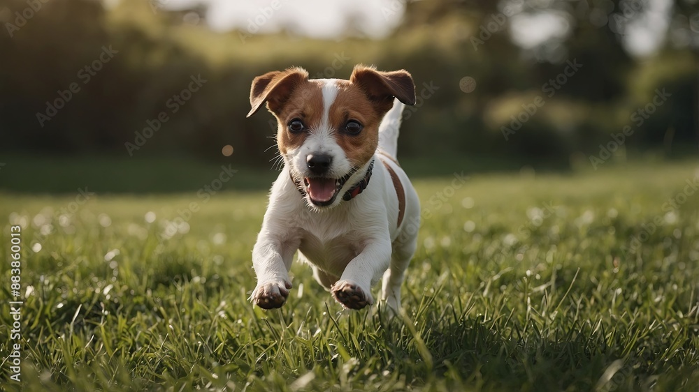 Happy active jack russel pet dog puppy running in the grass in summer, web banner with copy space. Happy active jack russel pet dog puppy running in the grass in summer, web banner with copy space.