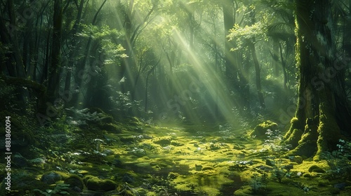 A dense forest with sunlight filtering through the canopy onto a moss-covered pathway